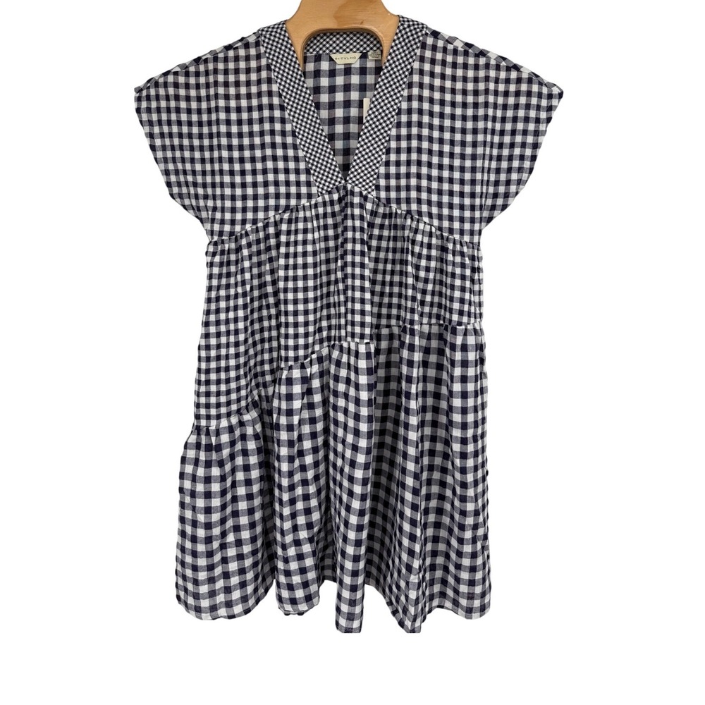 NEW‎ Anthropologie 11 1 TYLHO Navy Blue Gingham Check Swing Dress Cottage Sz S